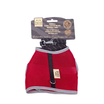 Cattie Havalı Dokuma Kedi Göğüs ve Gezdirme Tasması Large Kırmızı 1,5x-30-40 Cm - 1