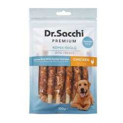 Dr.Sacchi Premium Tavuk Sargılı Beyaz Sığır Derisi Burgu Çubuk Tahılsız Köpek Ödülü 5'' 10'lu 100 Gr - Dr.Sacchi