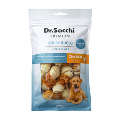 Dr.Sacchi Premium Tavuk Sargılı Beyaz Sığır Derisi Düğüm Kemik Tahılsız Köpek Ödülü 2” 8'li 100 Gr - 1