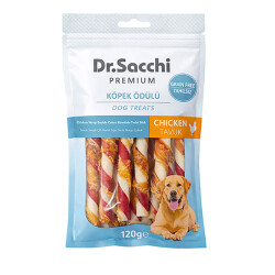 Dr.Sacchi Premium Tavuk Sargılı Çift Renkli Sığır Derisi Burgu Çubuk Tahılsız Köpek Ödülü 5'' 10'lu 120 Gr - Dr.Sacchi
