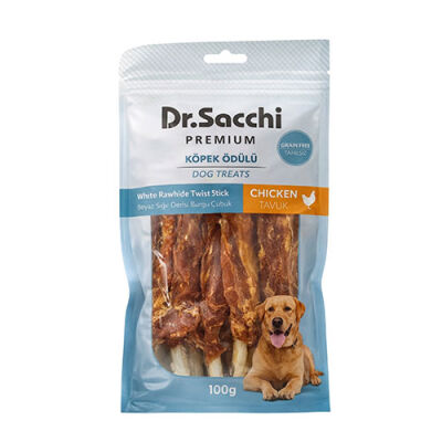 Dr.Sacchi Premium Tavuklu Beyaz Sığır Derisi Burgu Çubuk Tahılsız Köpek Ödülü 5'' 5'li 100 Gr - 1