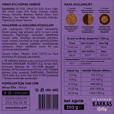 Kito Fresh Hindi Etli Hipoalerjenik Taze Köpek Yemeği 250 Gr - 3