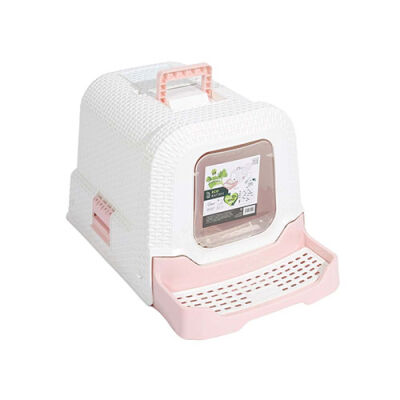 M-Pets Eco Rattan Kapalı Kedi Tuvaleti Pembe 69x42x41 Cm - 1
