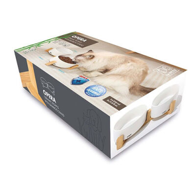 M-Pets Opera Bamboo Standlı Seramik Kedi Mama Kabı Beyaz 2x350 Ml - 1
