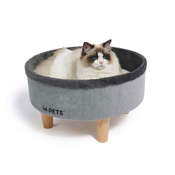 M-Pets Round Elevated Ahşap Ayaklı Kedi Yatağı Gri 47x47x26 Cm - M-Pets