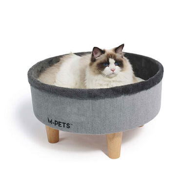 M-Pets Round Elevated Ahşap Ayaklı Kedi Yatağı Gri 47x47x26 Cm - 1