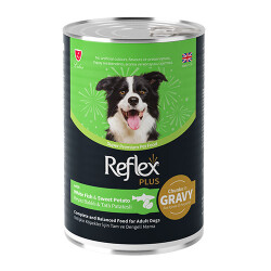 Reflex Plus Sos İçinde Et Parçacıklı Beyaz Balıklı Ve Tatlı Patatesli Yetişkin Köpek Konservesi 24 Adet 400 Gr - Reflex Plus