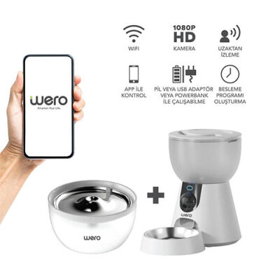 Wero 2in1 Kameralı, Wi-Fi Destekli Akıllı Otomatik Kedi & Köpek Mama ve Su Kabı Seti - 1