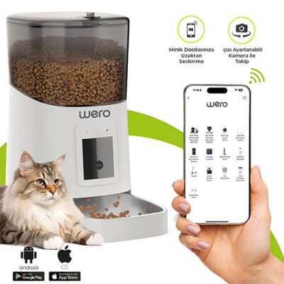 Wero Akıllı Kedi Köpek Mama Kabı Pro 1080p Ayarlanabilir Kamera Wifi Kontrol Pet Feeder Metal Kase Beyaz 6 Lt - 1